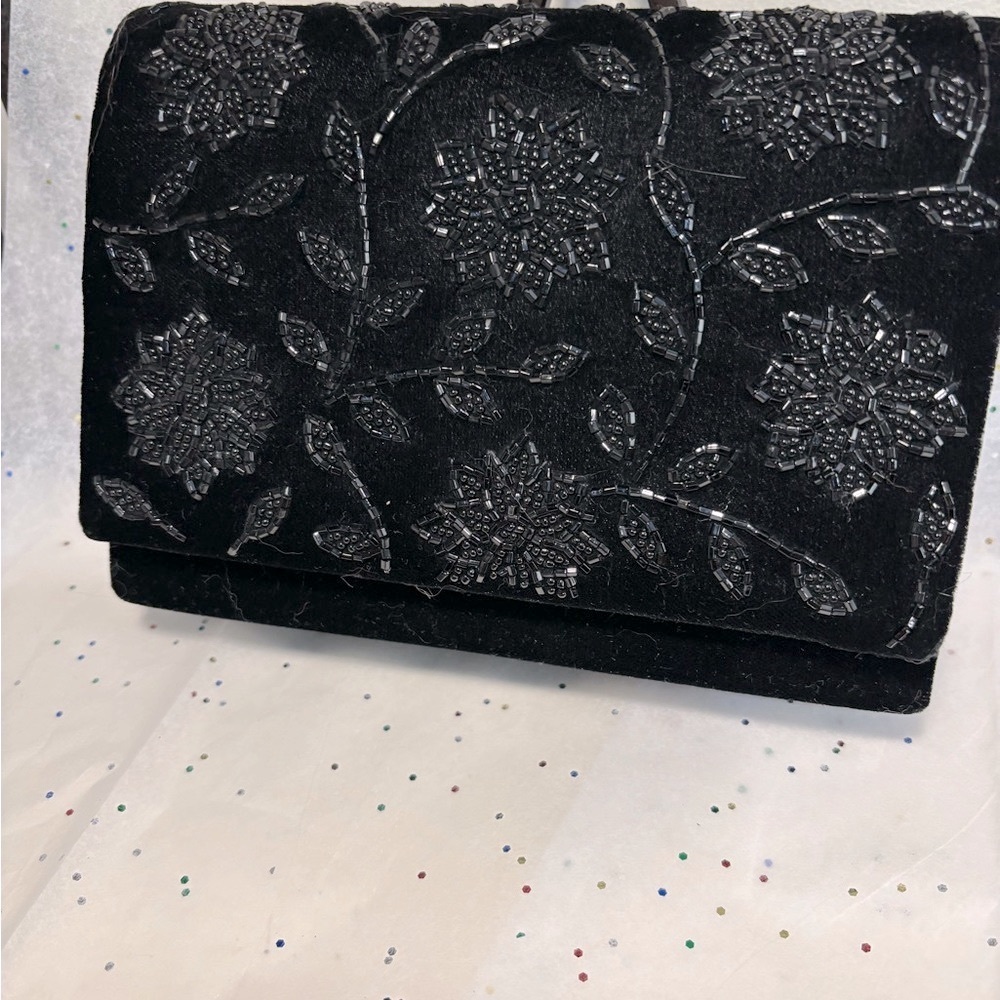 Black Beaded Evening Bag, 23” Drop